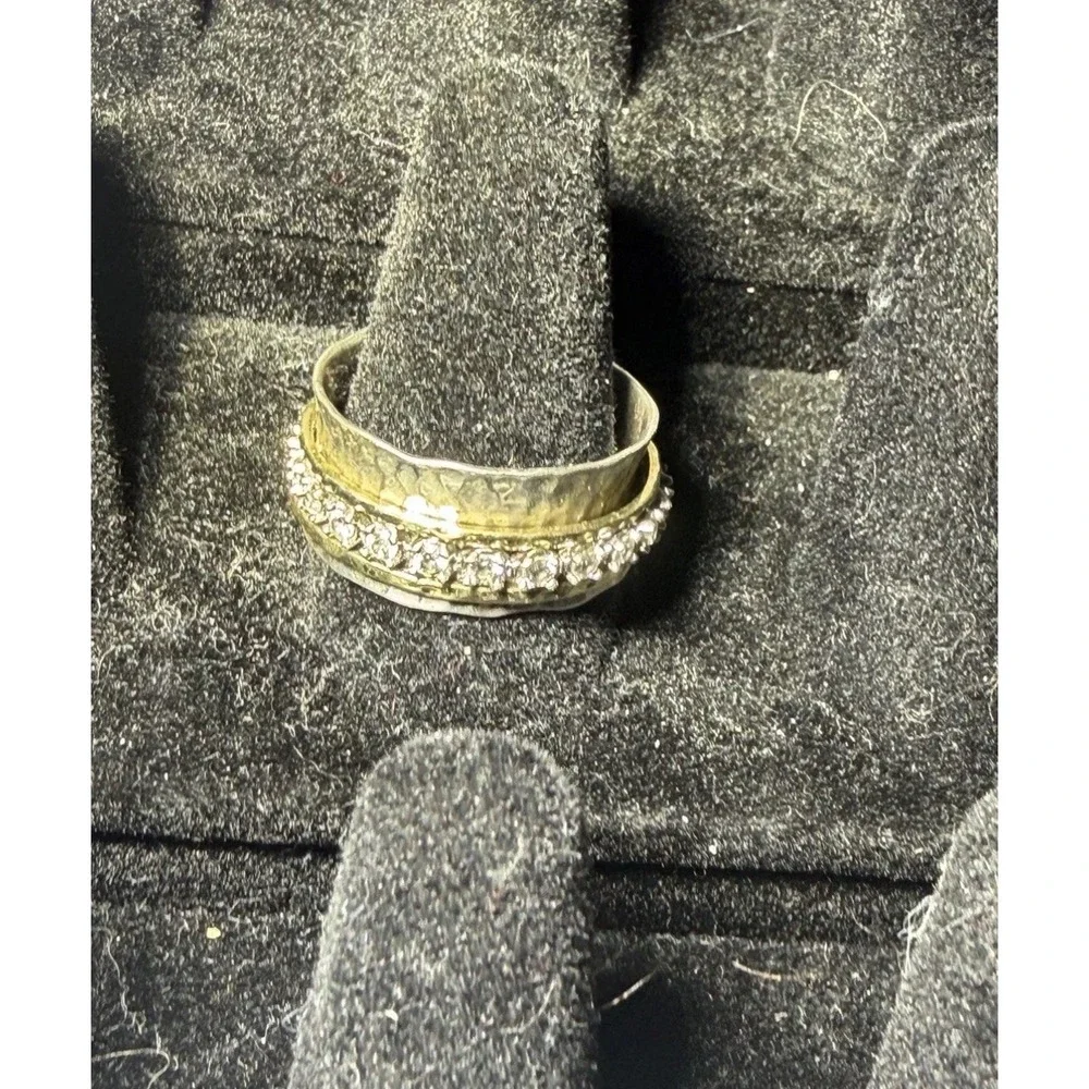Deaure Sterling Silver 925 Spinner Ring Hammered Mixed Metal CZ Size 10